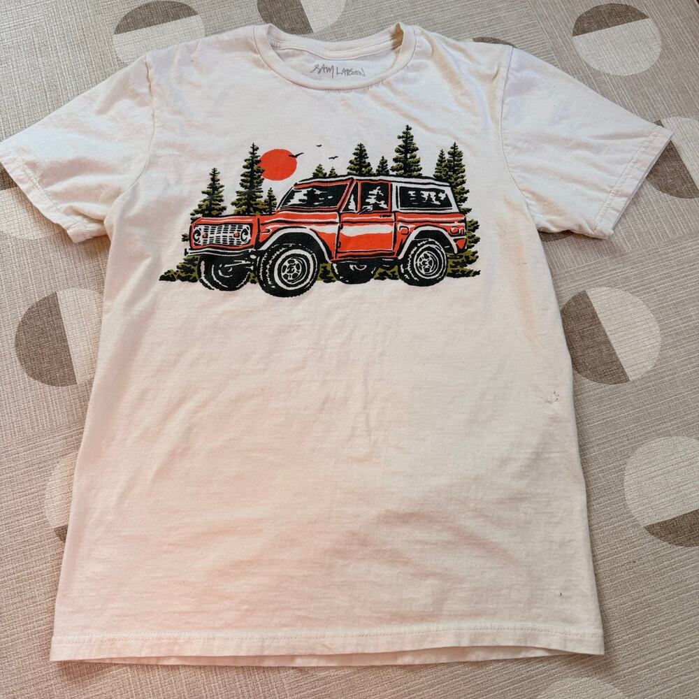 Sam Larson Bronco Graphic T Shirt Size S Off White Outdoor Adventure Tee